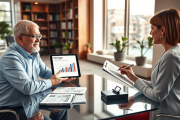 Consulente finanziario che presenta condizioni speciali di mutuo ipotecario a coppia in ufficio moderno durante consulenza