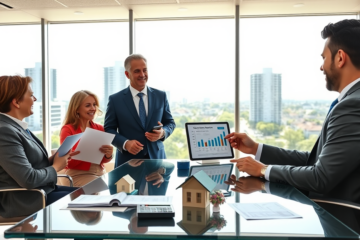 Coppia in ufficio bancario moderno discute di prestito personale per acquisto immobiliare con tassi competitivi