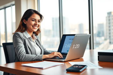 Donna professionista in ufficio moderno con laptop e tablet mostrando il prestito istantaneo immediato come soluzione rapida