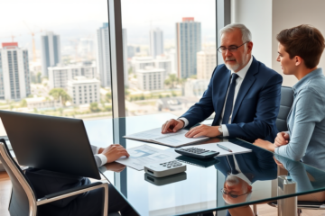 Consulente finanziario mentre offre credito personale veloce per investimenti immobiliari a giovane coppia in ufficio moderno con vista città