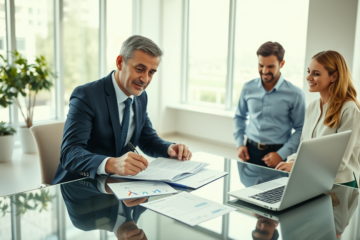 Consulente finanziario spiega mutuo ipotecario con erogazione immediata a coppia in ufficio moderno luminoso con documenti e laptop