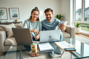 Coppia giovane che finalizza un prestito online per l'acquisto casa in un soggiorno moderno luminoso