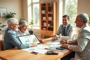 Coppia e consulente finanziario in ufficio moderno discutono vantaggi del rifinanziamento immobiliare per ottenere liquidità