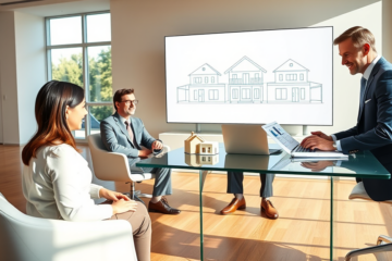 Ufficio immobiliare moderno con coppia e agente che discutono l'approvazione rapida e vantaggiosa di credito garantito da immobile