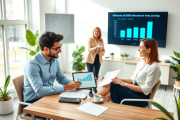 Coppia professionale in ufficio moderno che riceve consigli su rifinanziamento facile per ottenere interessi bassi e risparmiare
