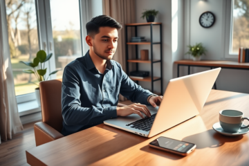Persona in ufficio moderno utilizza laptop per soluzioni rapide e vantaggiose di credito flessibile online in ambiente luminoso