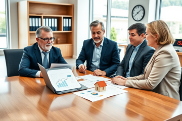 Consulente finanziario in ufficio moderno che presenta un prestito rapido con garanzia ipotecaria a coppia attenta e soddisfatta
