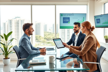 Coppia giovane con consulente finanziario in ufficio moderno per credito veloce per acquisto appartamenti, ambiente luminoso e professionale