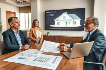 Consulente immobiliare spiega vantaggi del credito immediato con rifinanziamento immobili a coppia in moderno ufficio
