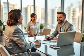 Consulente finanziario in ufficio moderno che assiste coppia giovane con prestito rapido per rifinanziamento immobiliare