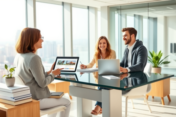 Coppia giovane in ufficio moderno che chiede prestito personale rapido per immobili con consulente finanziario amichevole