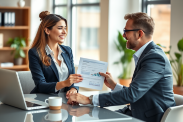 Donna professionista riceve soluzione di credito personale veloce in ufficio moderno durante momenti di crisi finanziaria