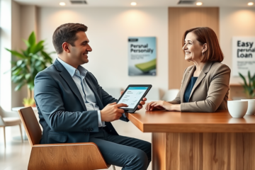 Consulente bancario professionale che presenta opzione di prestito personale dinamico a cliente con espressione fiduciosa in ambiente moderno e luminoso