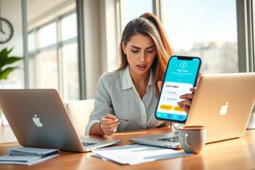Donna professionista che utilizza uno smartphone per un prestito personale urgente in un ufficio moderno con documenti finanziari