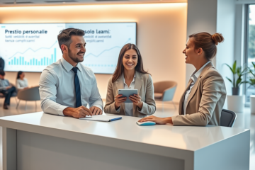 Cliente soddisfatta che riceve assistenza professionale per un prestito personale rapido e senza complicazioni in una moderna banca luminosa