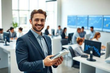 Ufficio finanziario moderno con professionista sorridente che presenta un prestito personale credito veloce e flessibile