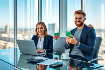 Professionista e cliente in un ufficio finanziario moderno in atmosfera luminosa, rappresentano prestito personale senza attese con approvazione rapida