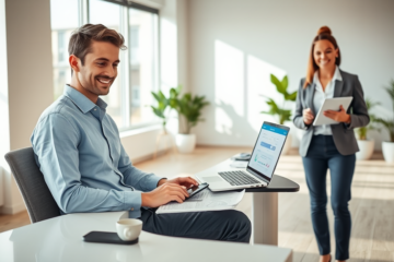 Uomo professionale in ufficio moderno mentre usa un laptop per ottenere l'approvazione rapida di un prestito personale WeBank