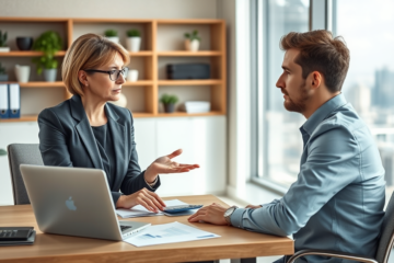 Consulente finanziario spiega soluzione rapida prestito personale Prestitalia per imprevisti finanziari in ufficio moderno
