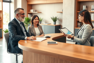 Clienti soddisfatti discutono di Prestito Personale in un ambiente bancario moderno e accogliente con consulente finanziario