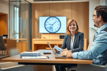 Interno di banca moderno con consulente che assiste cliente donna per prestito personale urgente e conveniente