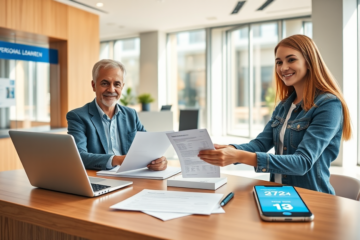 Banco moderno con cliente e impiegato che completano velocemente la richiesta semplice per prestito personale Santander Consumer Bank