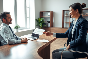 Uomo professionista che firma un contratto con consulente finanziaria in ufficio moderno per prestito personale Crediper a esigenze immediate