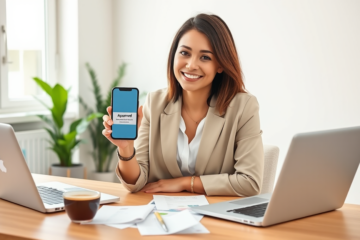 Donna sorridente seduta in ufficio domestico moderno con smartphone che mostra soluzione pratica per prestito personale urgente PrestitoSì Finance