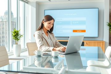 Giovane professionista in ufficio moderno che utilizza un laptop per una richiesta semplice e veloce di prestito personale UniCredit