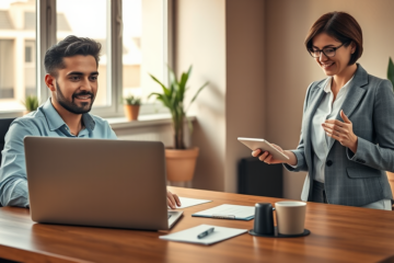 Uomo italiano seduto davanti a laptop in ufficio moderno mentre consulente finanziaria mostra tablet con approvazione rapida di prestito personale