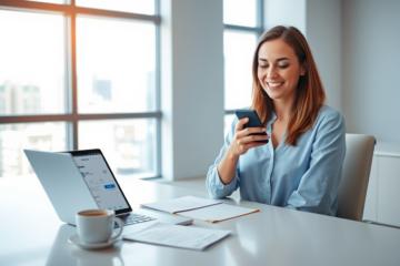 Donna professionale soddisfatta in ufficio moderno che utilizza smartphone e laptop per un prestito personale Findomestic urgente facile e veloce