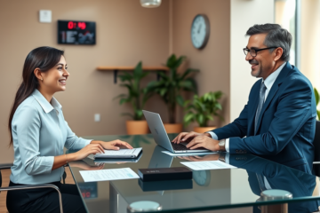 Donna professionale conversa con consulente bancario in ufficio moderno illuminato naturalmente per prestito personale urgente e semplice