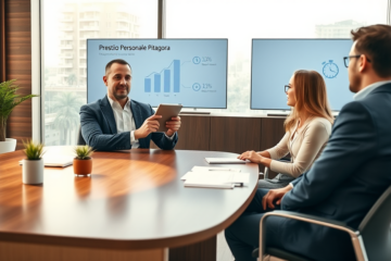 Consulente finanziario che guida giovane coppia con Prestito Personale Pitagora per emergenze finanziarie a tempi rapidi in ufficio moderno