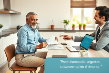 Uomo italiano rilassato e consulente finanziario in cucina luminosa durante una semplice e rapida procedura di prestito personale Prestiamoci urgente