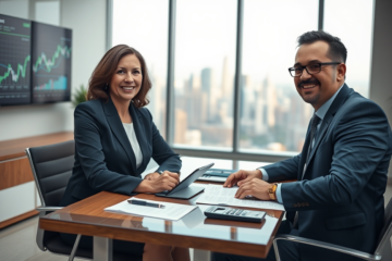 Consulente finanziario in ufficio moderno che offre soluzione rapida per prestito personale emergenziale in ambiente professionale
