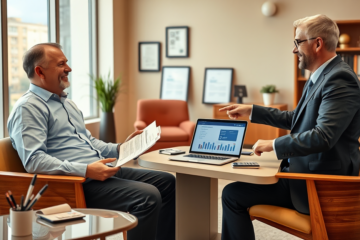 Uomo in consulenza finanziaria in ufficio moderno con consulente che propone prestito personale per risolvere rapidamente pendenze