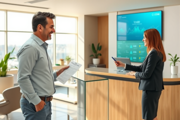 Cliente italiano che riceve rapidamente un prestito personale in una moderna banca italiana con ambiente luminoso e professionale