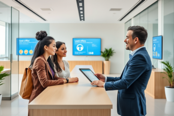 Interno moderno di banca con clienti che richiedono un prestito personale rapido assistiti da impiegato cordiale in un ambiente chiaro e professionale