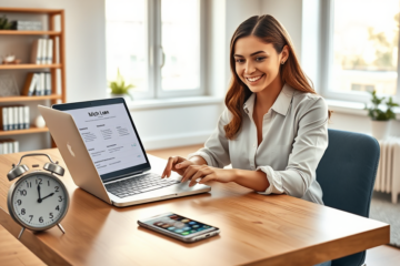 Donna giovane in ufficio moderno che richiede un prestito personale CheBanca! veloce con tablet e laptop