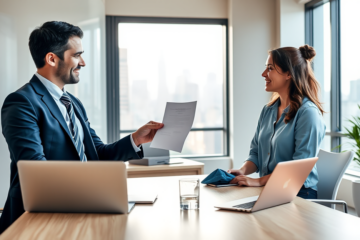 Ufficio finanziario moderno con consulente che consegna un contratto a cliente soddisfatta per prestito personale Cofimar rapido per imprevisti