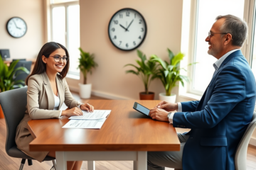 Professionista e consulente finanziario in ufficio moderno mentre stipulano rapidamente un prestito personale Consel con documenti chiari e ambiente luminoso